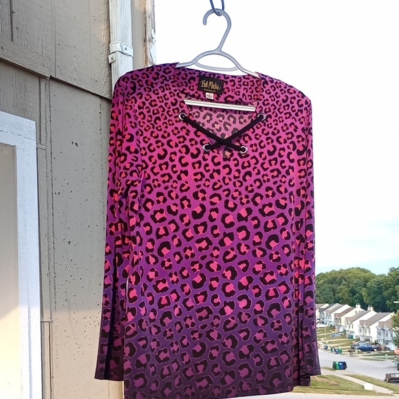 Bob Mackie Purple Leopard Print Top with Lace-Up Detail - Picture 3 of 6